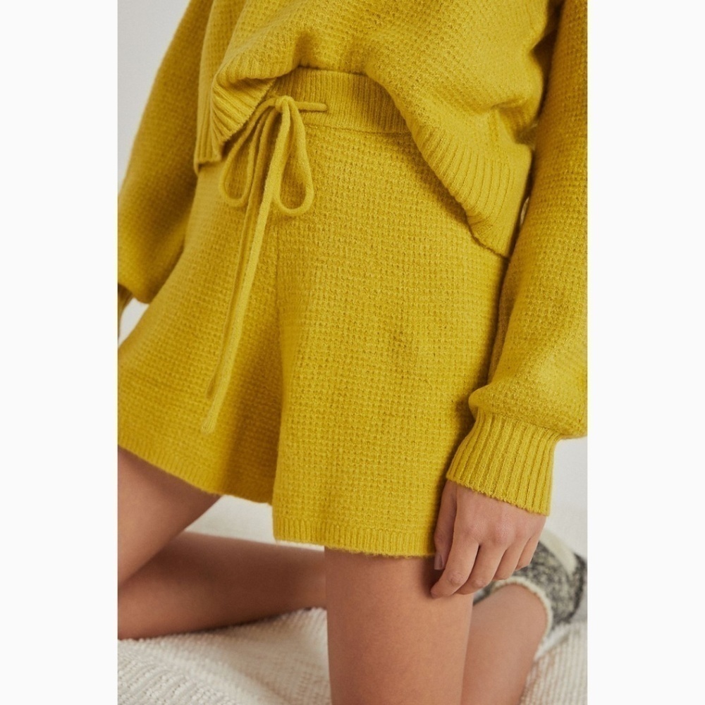 Anthropologie‎ Saturday Sunday Brenna Cozy Lounge Waflle Knit Mustard Shorts XS